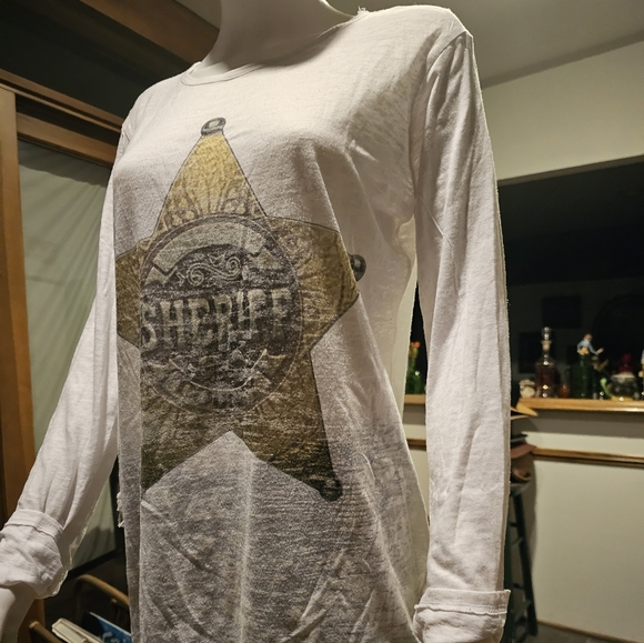 RARE ONE OF A KIND GO COUTURE LONG SLEEVE SHERIFF COUNTY SHIRT WITH DISTRESSING - Picture 7 of 10